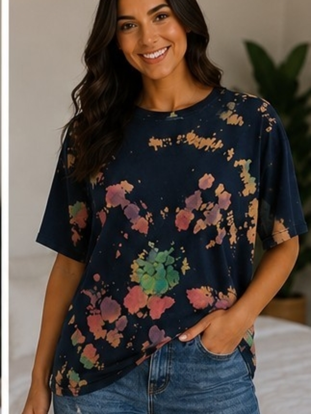Tie-Dye Floral Short Sleeve Tee in Navy